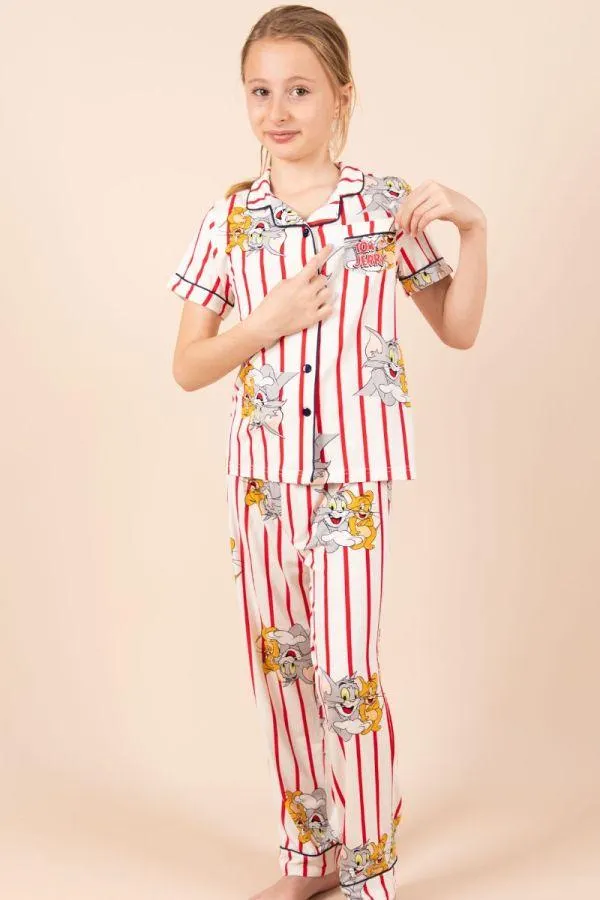 Girls White Red Stripe Tom & Jerry Button Through PJ