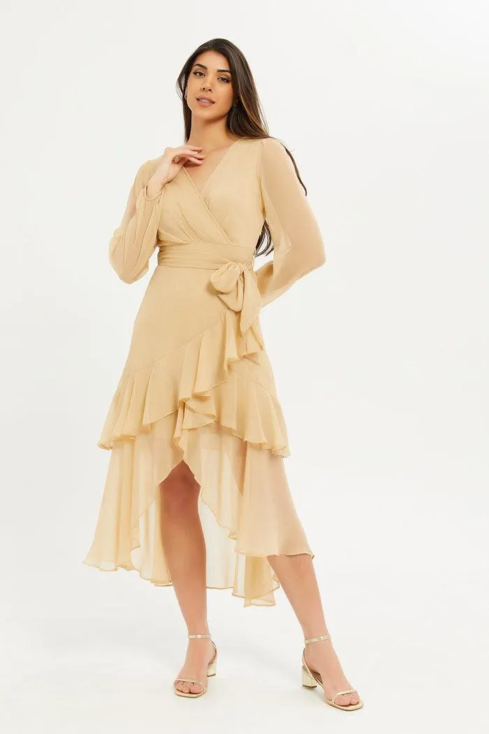 Women Beige Ruffle Chiffon Maxi Dress