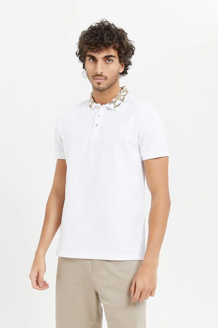 Men White Embellished Collar Polo Shirt