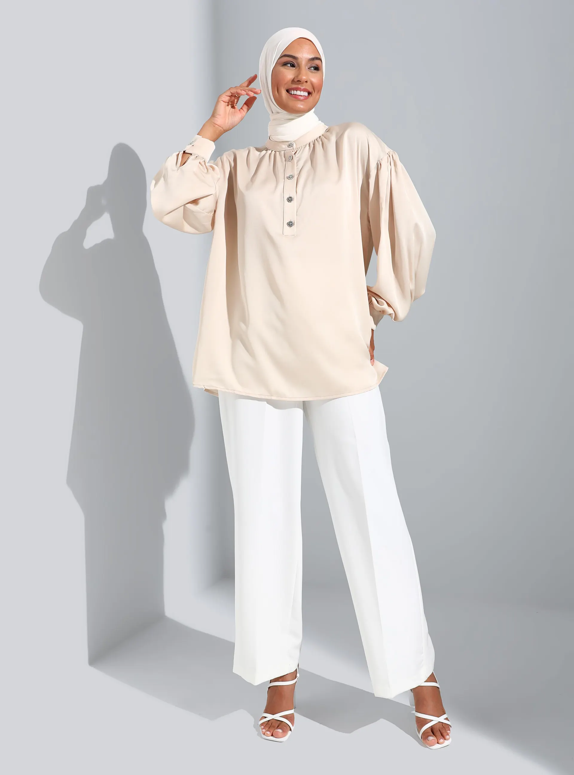 Beige - Button Collar - Tunic