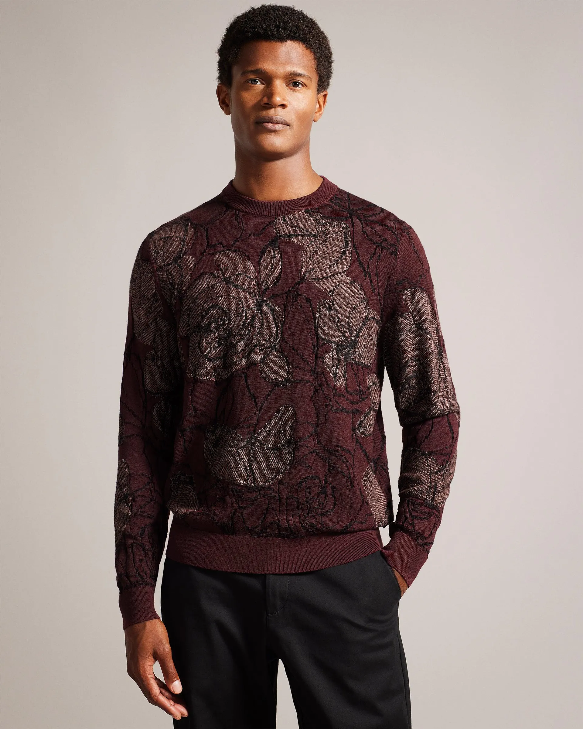 Simpso Wool Blend Jacquard Floral Jumper Maroon