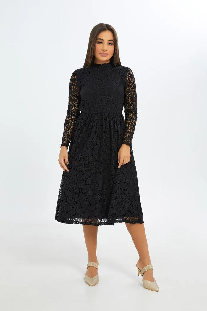Women Black Embellished Midi Lace Dress