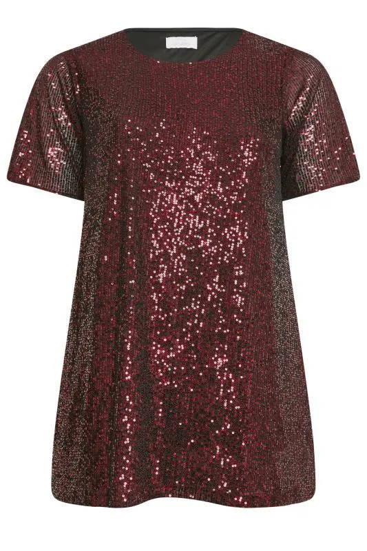 YOURS LONDON Curve Burgundy Red Sequin Embellished Swing Top