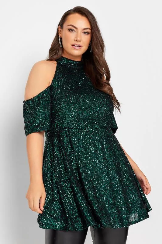 YOURS LONDON Curve Green Sequin Choker Cold Shoulder Top