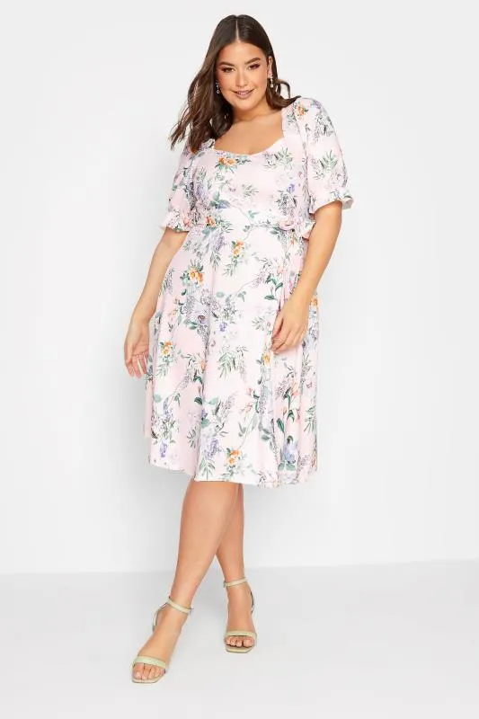YOURS LONDON Curve Pink Floral Print Puff Sleeve Dress