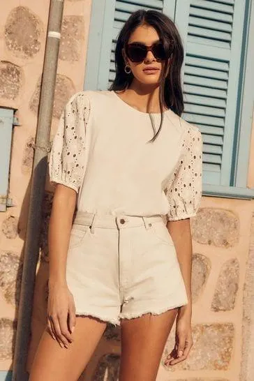 Friends Like These Broderie Puff Sleeve Round Neck Top