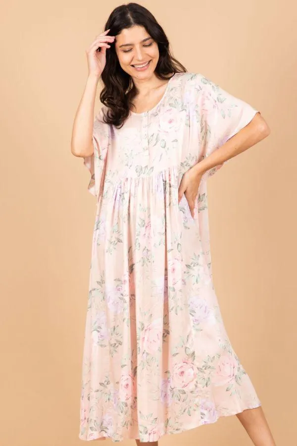 Ladies Peach Floral Woven Dress
