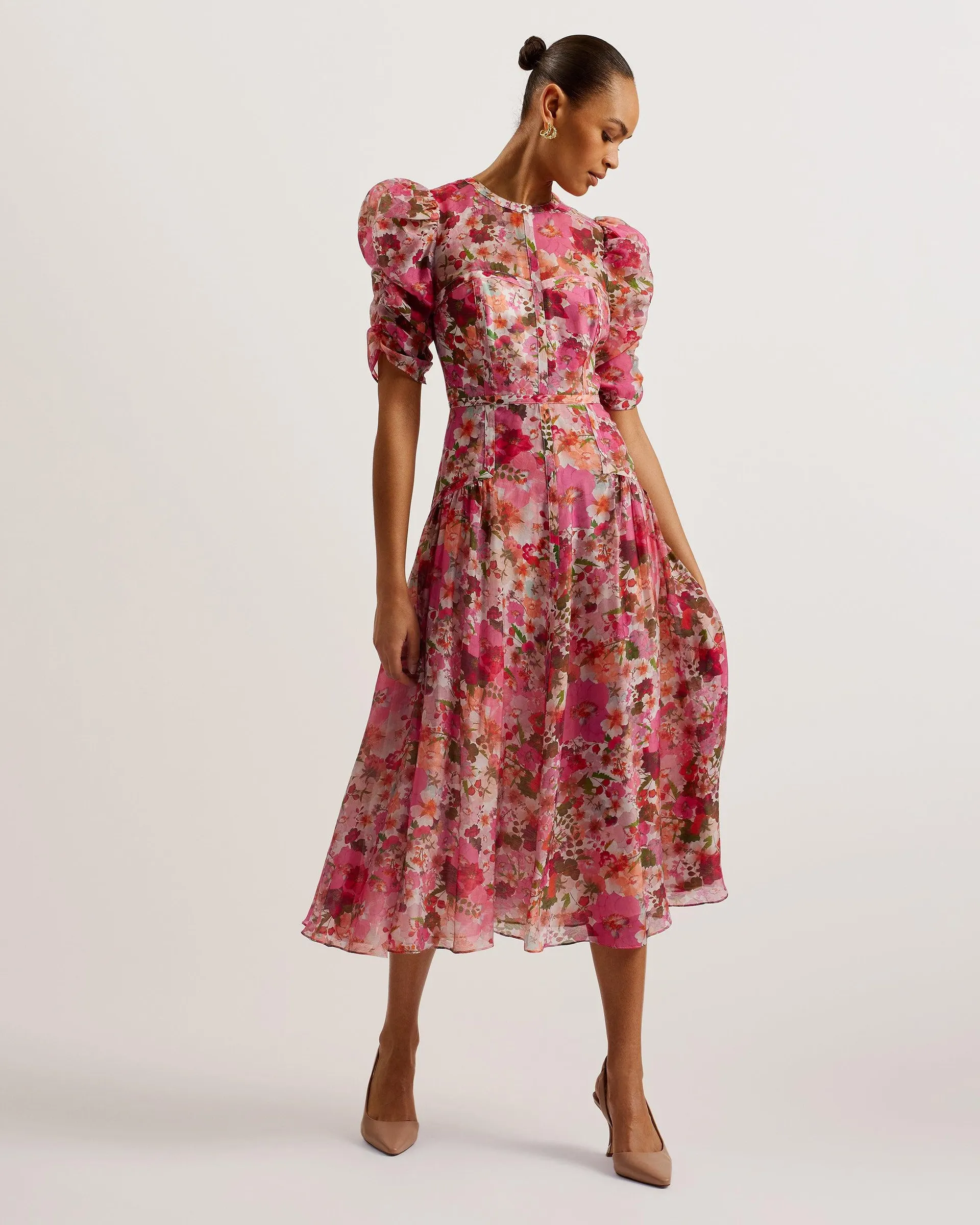 Botani Floral Print Puff Sleeve Midi Dress Pink
