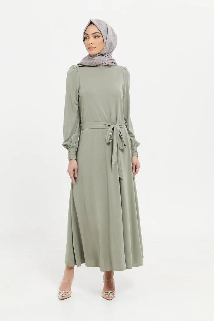 Women Beige High Neck Belted Maxi Dress