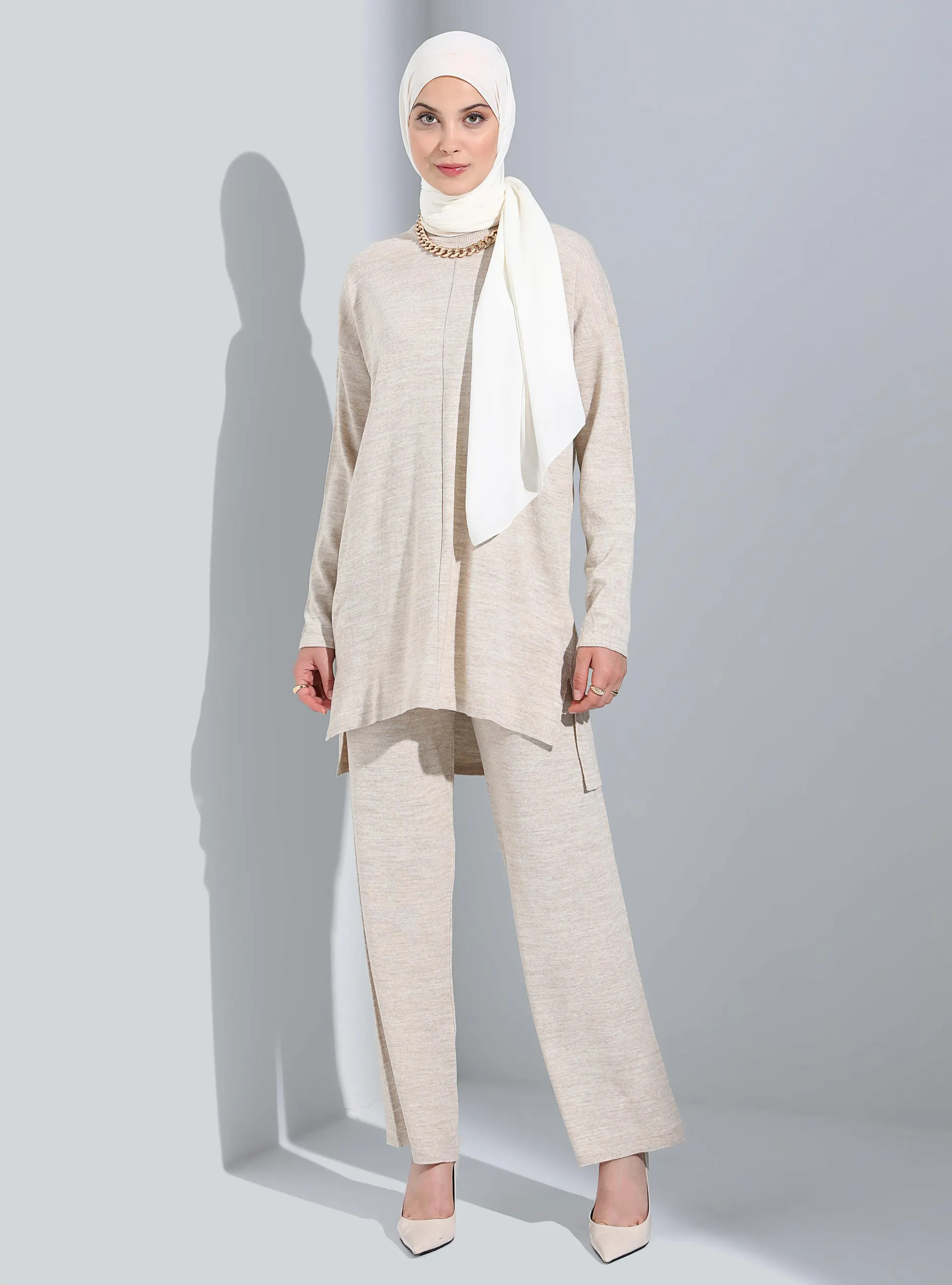 Tunic&Pants Knitwear Co-Ord Set Open Stone