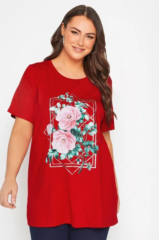 YOURS Curve Red Floral Foil Print T-Shirt