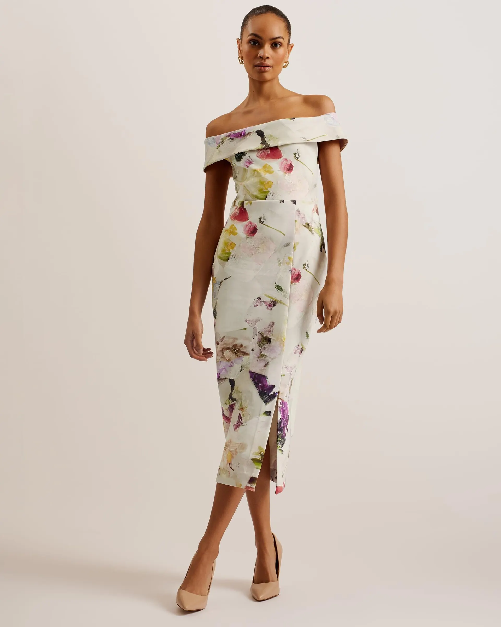 Merreen Off Shoulder Floral Bodycon Midi Dress White