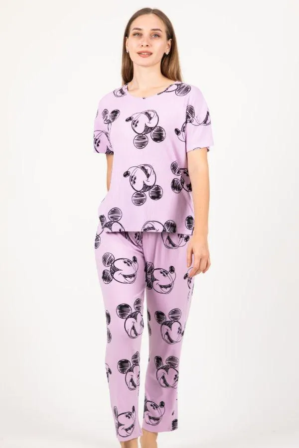 Ladies Lilac Rib Mickey Lounge PJ