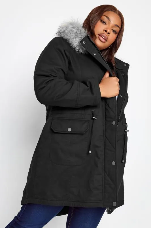 YOURS Curve Black Faux Fur Hood Parka Coat