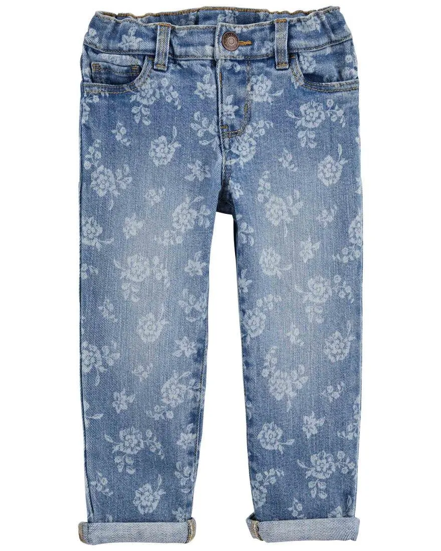Vintage Floral Print Stretch Denim Jeans