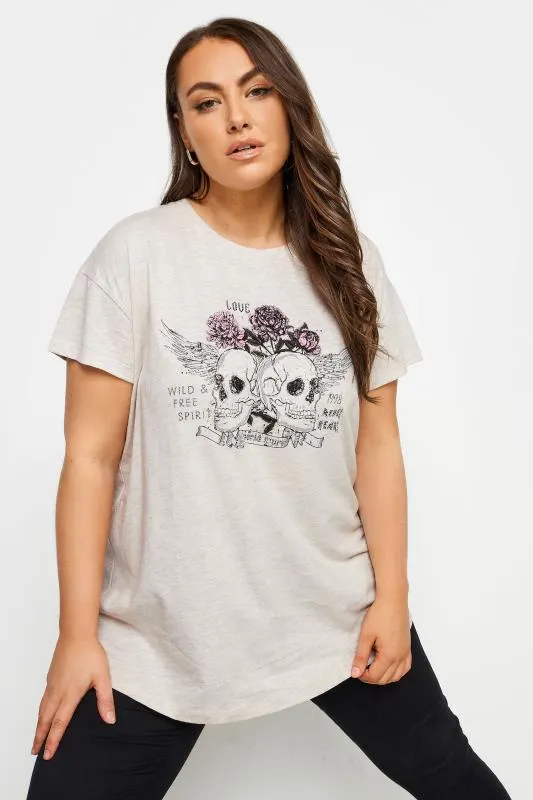 YOURS Curve Ivory White Skull Print Diamante Embellished T-Shirt