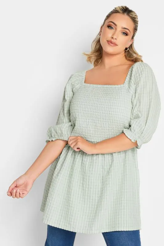YOURS Curve Mint Green Gingham Print Square Neck Shirred Top