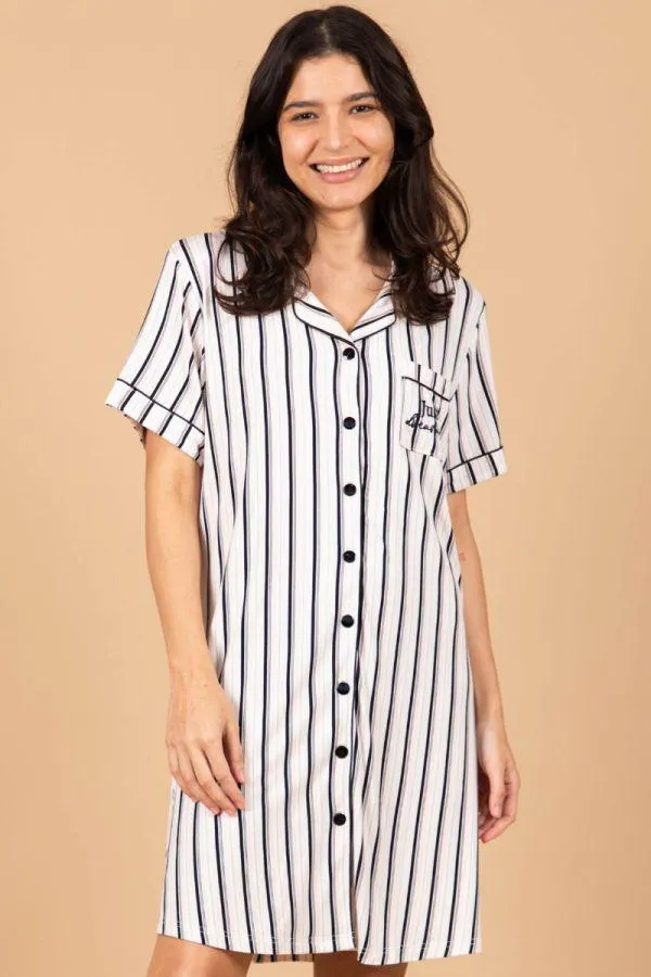 Ladies White Pink Black Stripe Nightshirt