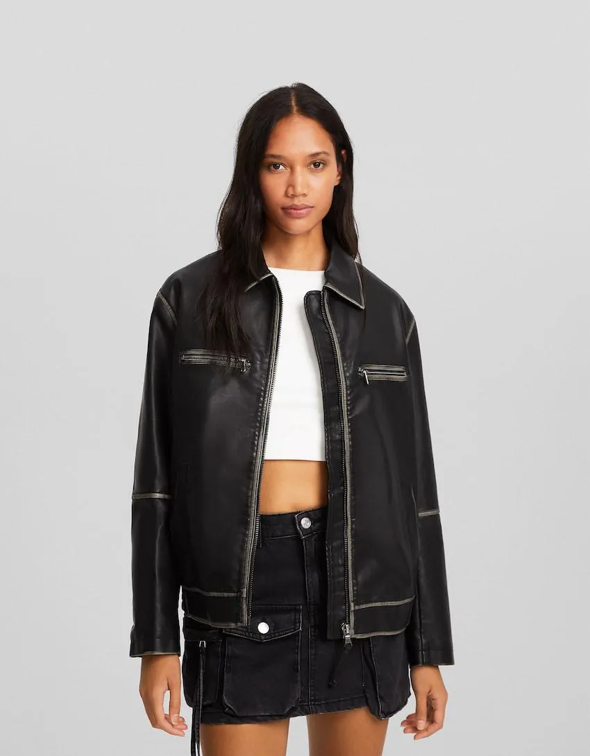 Distressed faux leather trucker jacket