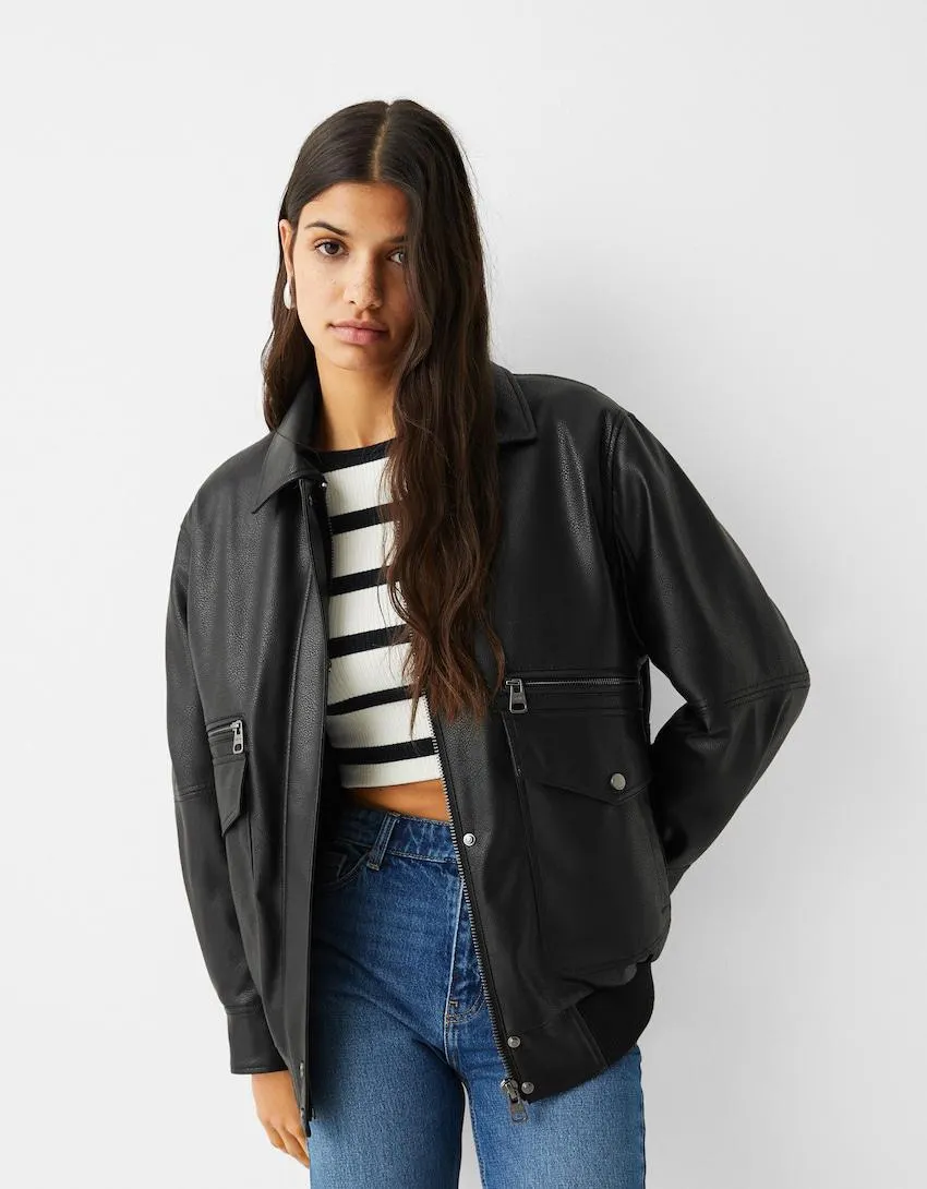 Leather effect oversize dad fit jacket