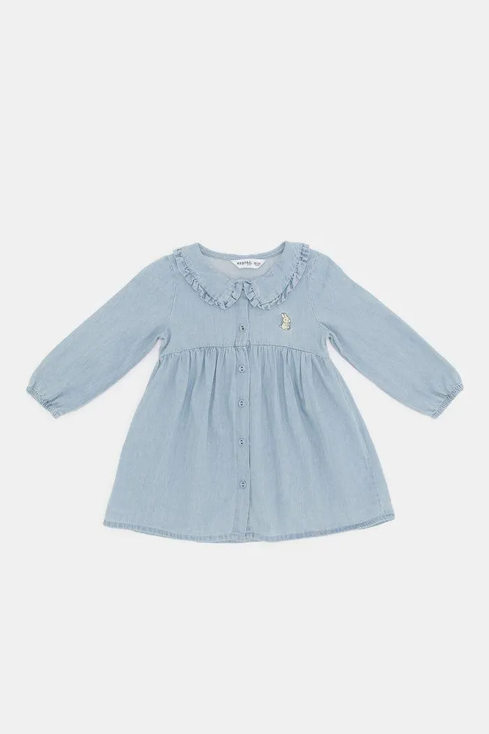 Infant Girls Blue Denim Peter Pan Front Buttoned Dress