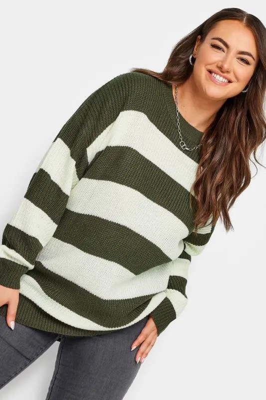 YOURS Curve Green Striped Ribbed Knit Jumper
