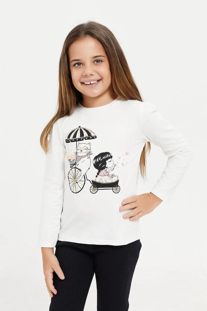 Girls White Embellished Sequins T-Shirt