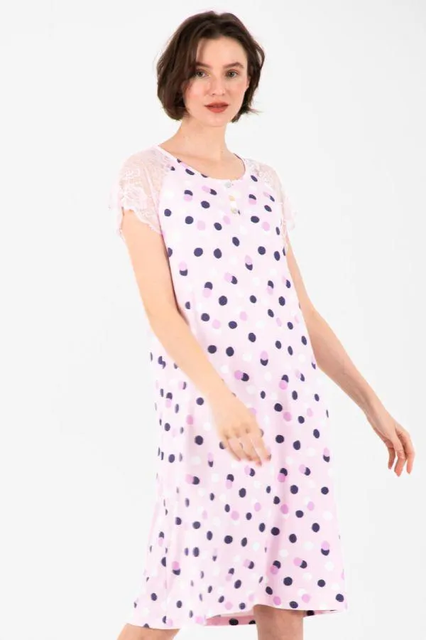 Ladies Lilac Spot Lace Sleeves Nightdress