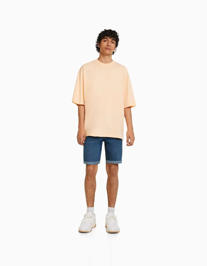 Katlı paçalı skinny fit denim bermuda şort