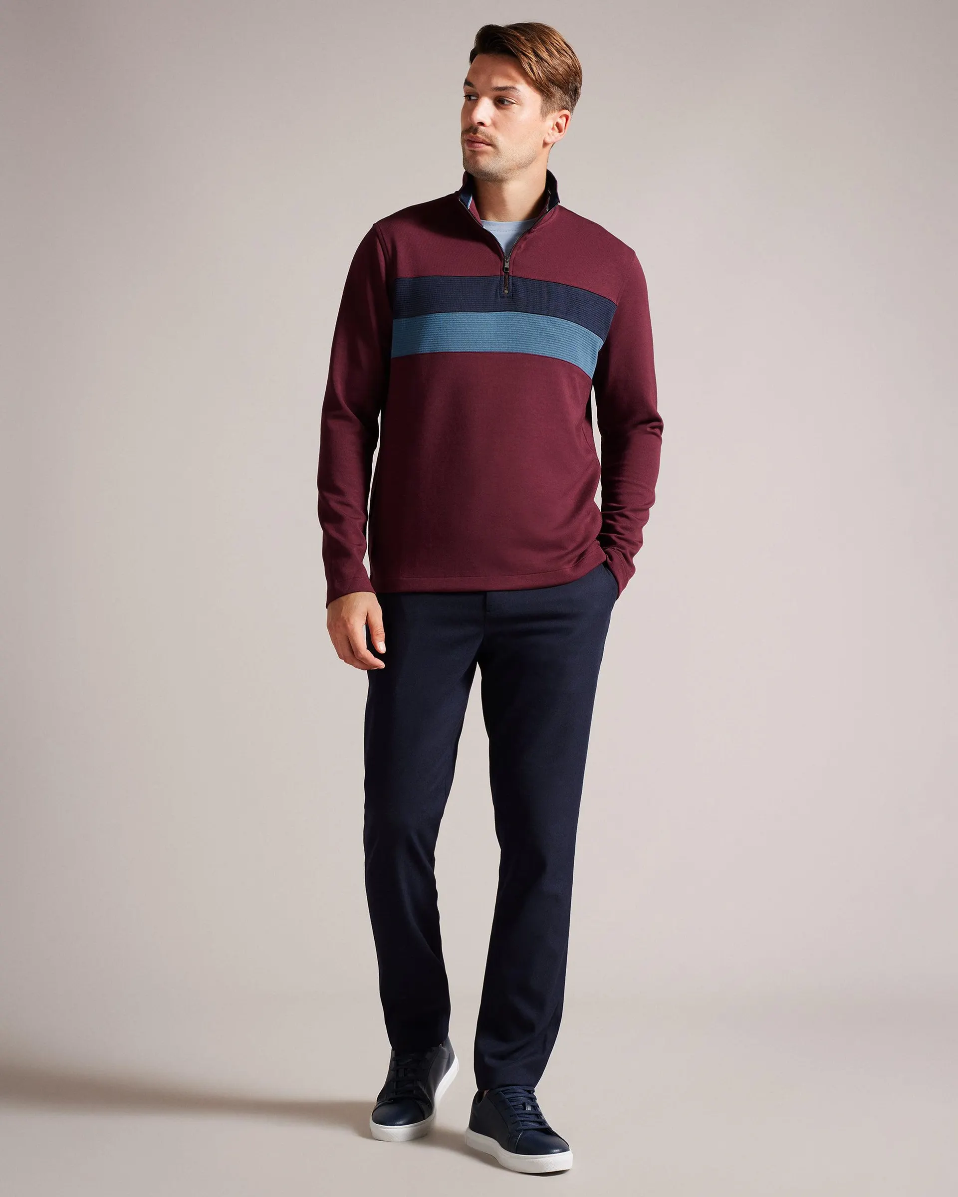 Veller Long Sleeve Slim Fit Half Zip Jumper Maroon