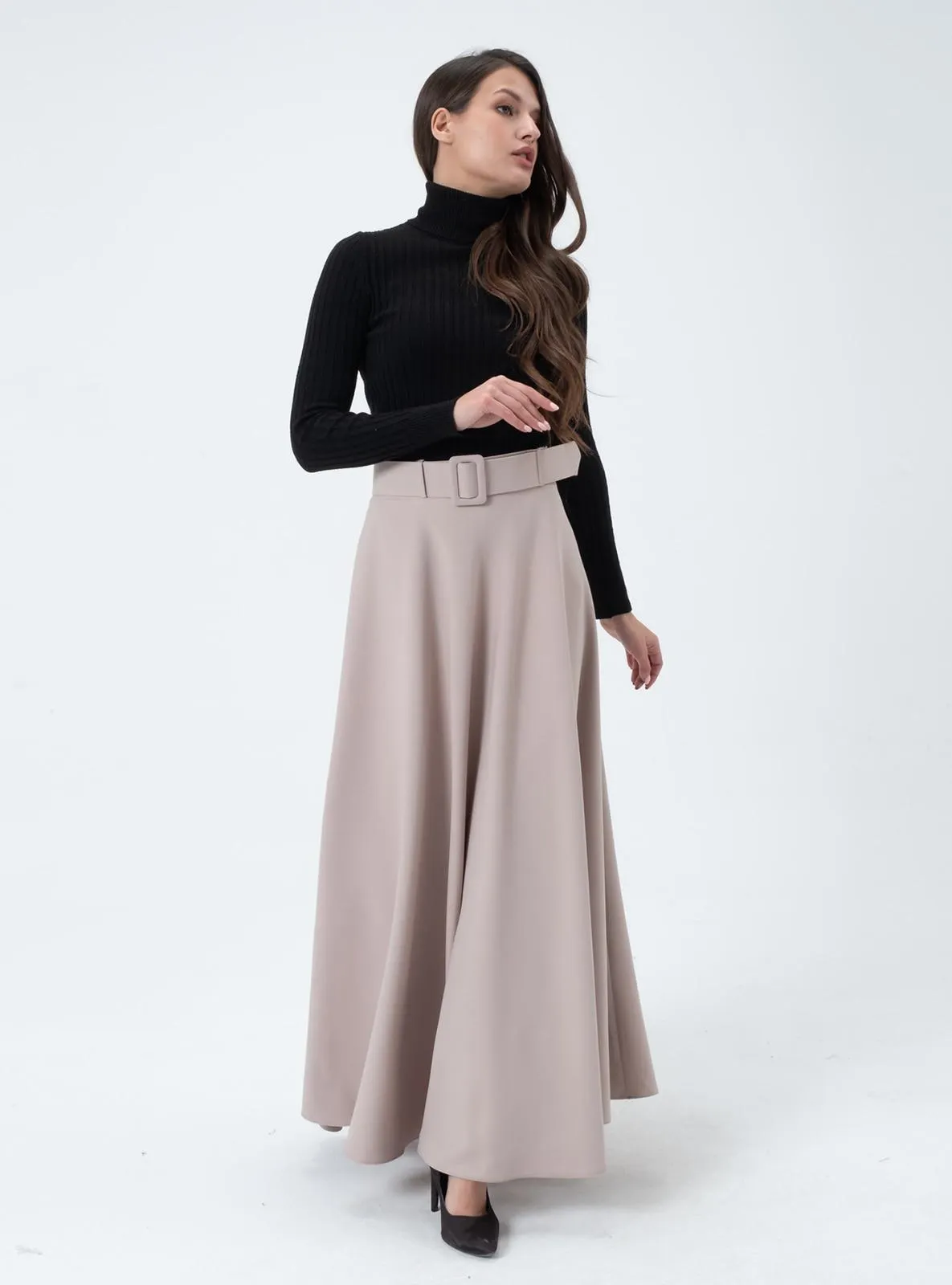 Belt Detailed Mevlana Skirt Cream-Beige