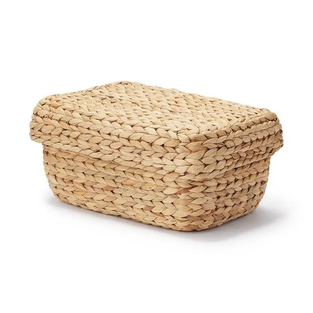 Water Hyacinth Rectangle Basket With Lid , Meduim ,W 37 x D 26 x H 17 cm