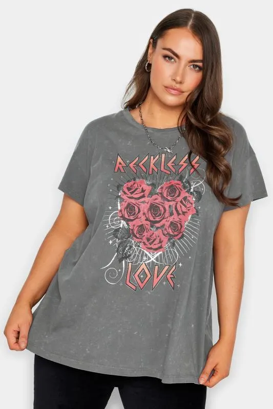 YOURS Curve Black 'Reckless Love' Slogan T-Shirt
