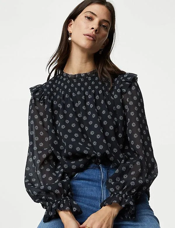 Floral High Neck Shirred Blouse