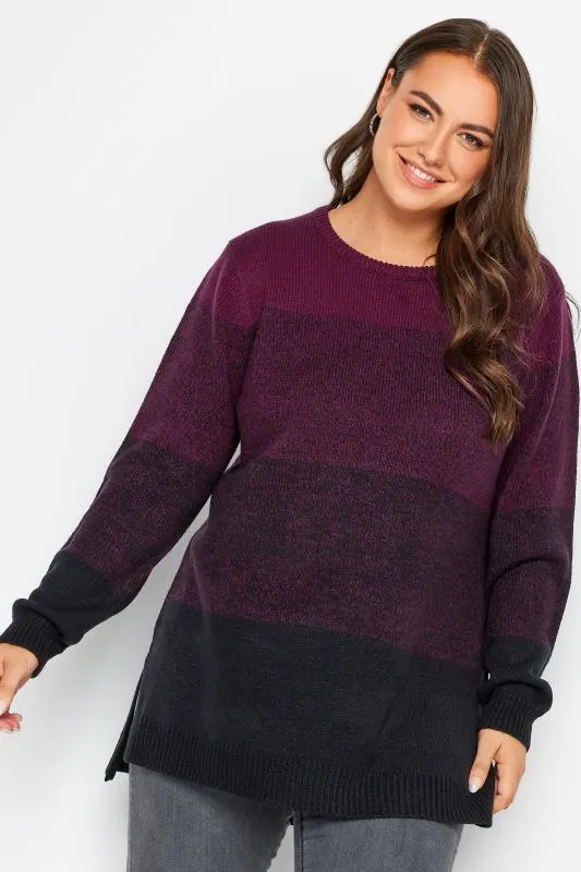 YOURS Curve Berry Red Colourblock Stripe Knitted Jumper