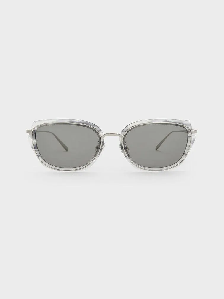 Metallic Rim Geometric-Frame Sunglasses - Grey