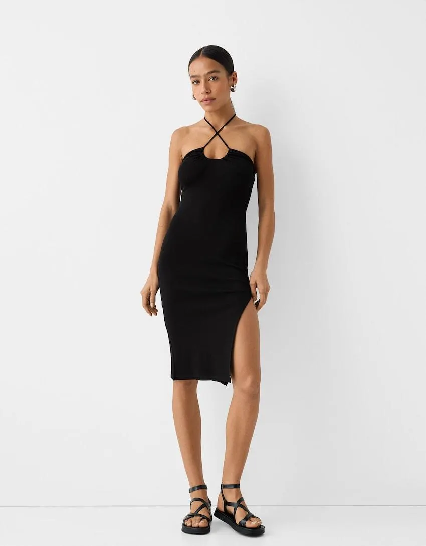 Midi dress with gathering and slit
