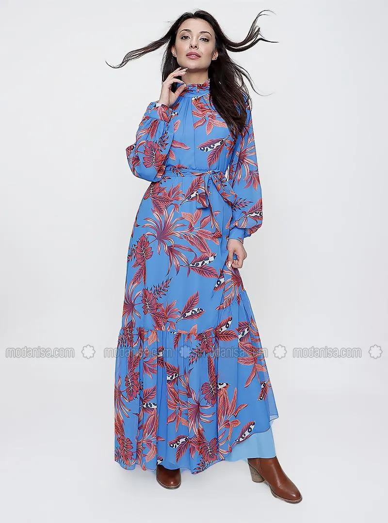 Blue - Floral - Fully Lined - Crew neck - Modest Evening Dress