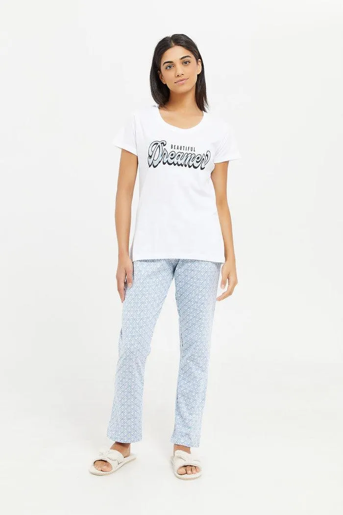 Women White And Blue Printed Pajama Set (2 Piece)