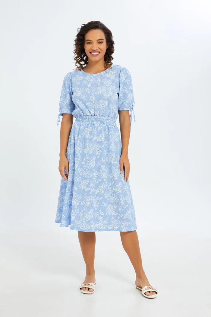 Women Blue Printed Midi Dress