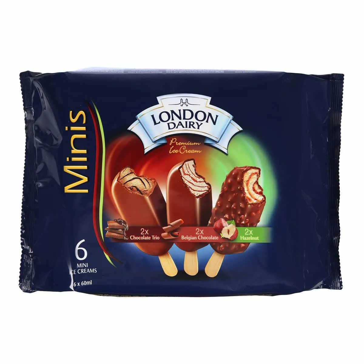London Dairy Ice Cream Minis Chocolate Trio + Begian Chocolte + Hazelnut 6 x 60 ml