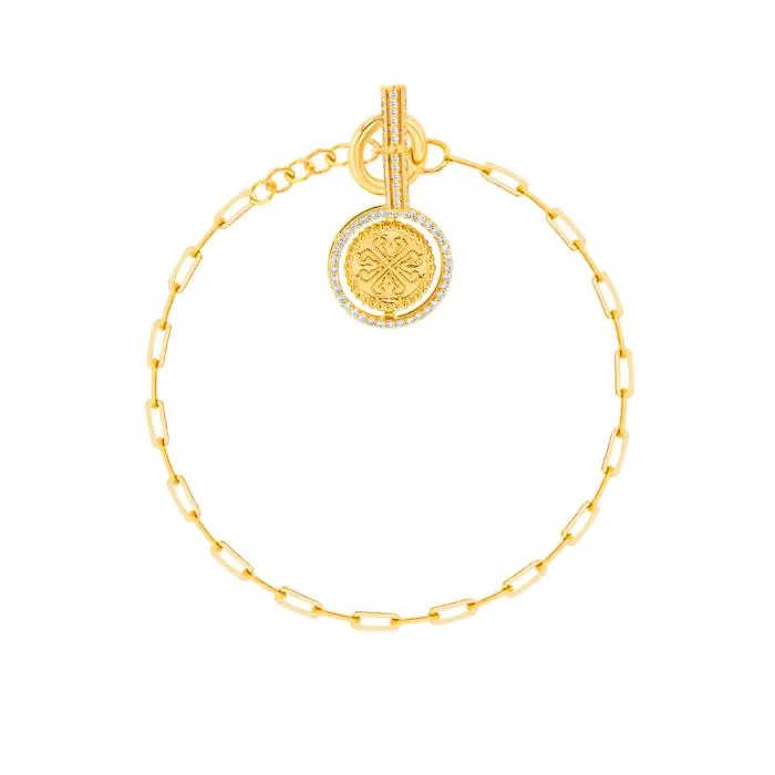 Lace Golden Charm Bracelet in 18K Yellow Gold With a Spinning Medallion charm and diamonds.