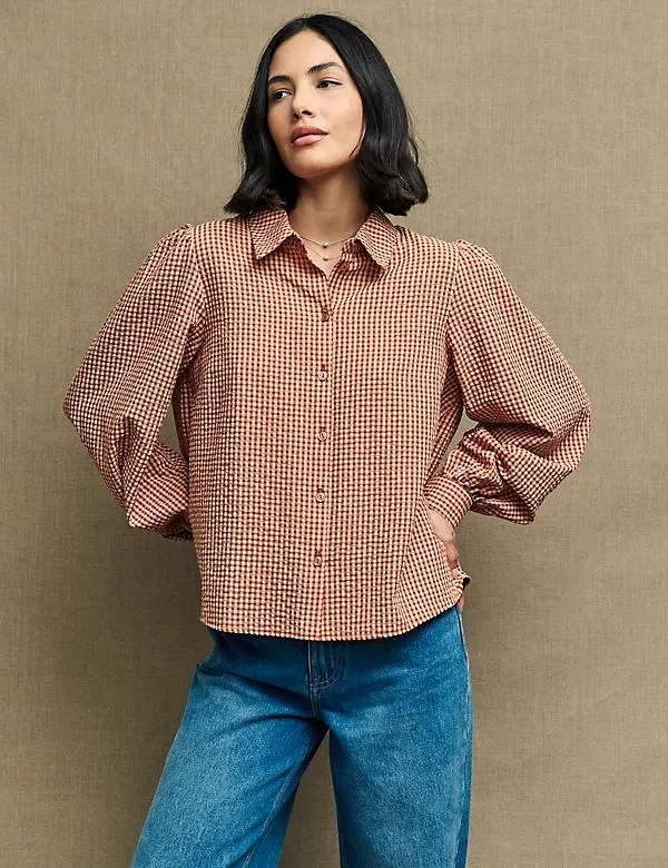 Cotton Rich Checked Blouson Sleeve Shirt
