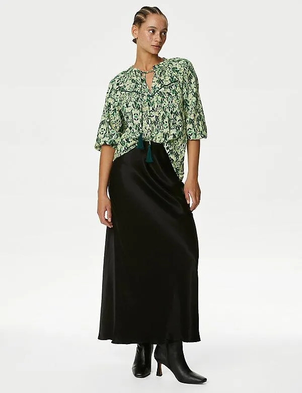 Cotton Rich Printed Tie Neck Blouse