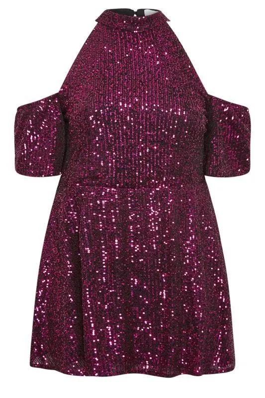 YOURS LONDON Curve Pink Sequin Choker Cold Shoulder Top