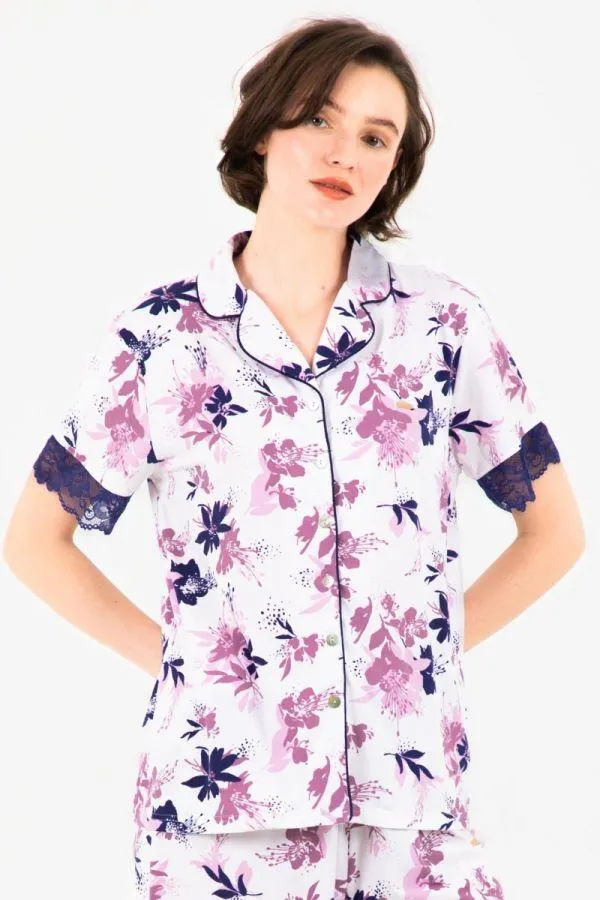 Ladies White Floral Lace Button Through Top