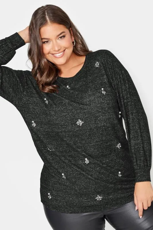 YOURS LUXURY Curve Grey Diamante Cluster Soft Touch Jumper