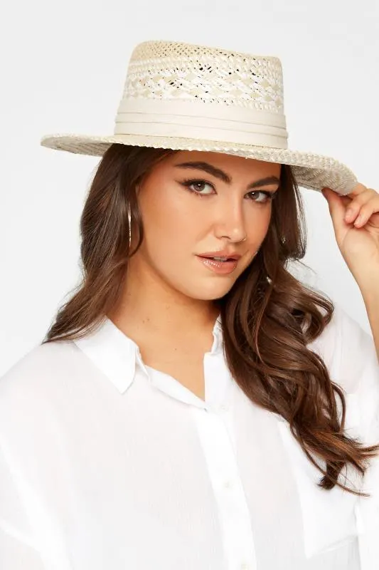 Natural Brown & White Contrast Straw Boater Hat