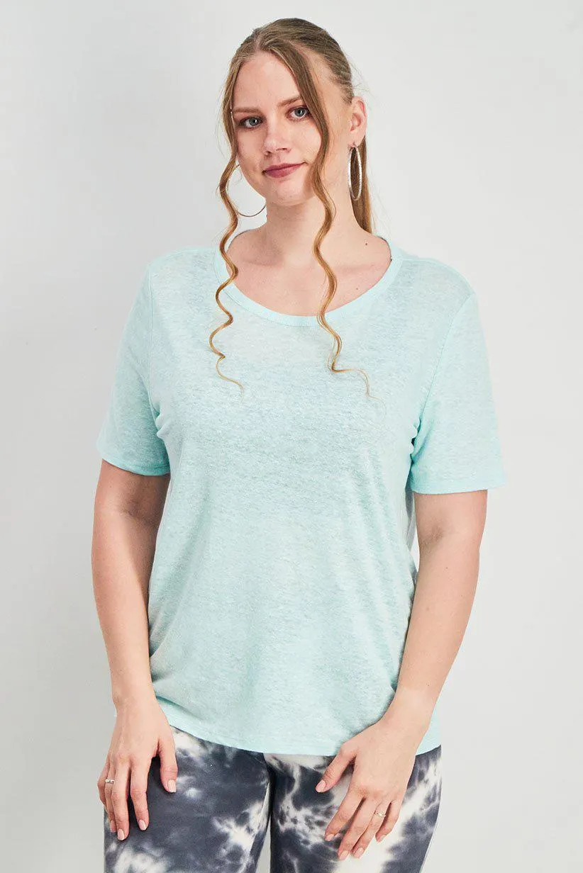 Women Round Neck Short Sleeve Plain Top, Turquoise