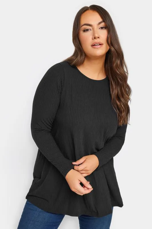 YOURS Curve Black Long Sleeve Ribbed Swing Top